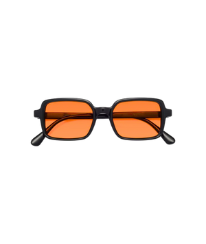 Retro-style square sunglasses with a thick black frame and vibrant orange tinted lenses, shown against a plain white background.