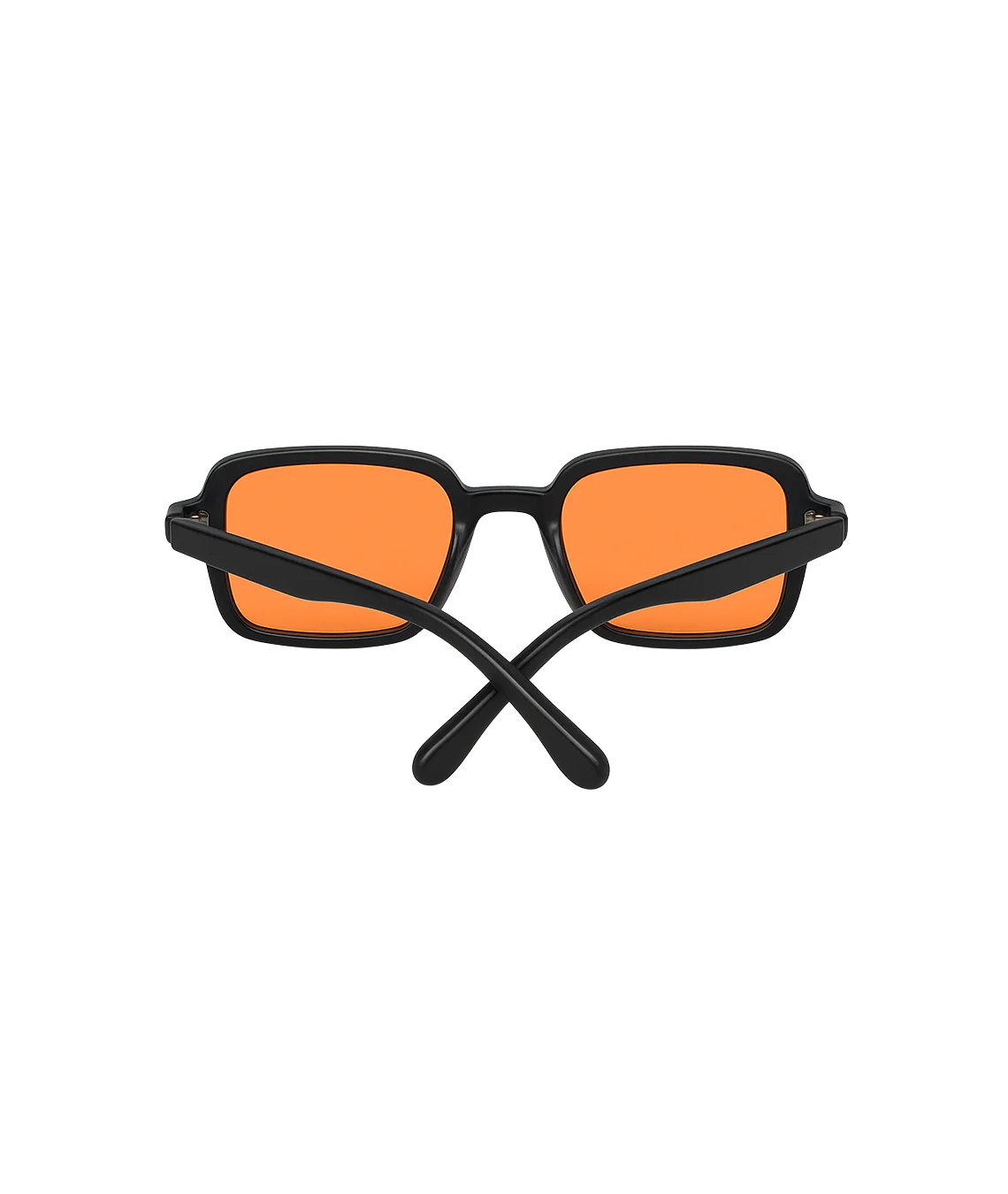 Black square sunglasses with vibrant orange lenses, shown from a front-facing angle on a solid white background.