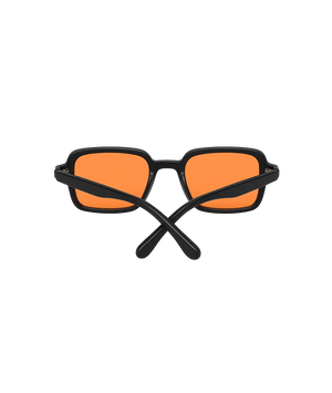 Black square sunglasses with vibrant orange lenses, shown from a front-facing angle on a solid white background.