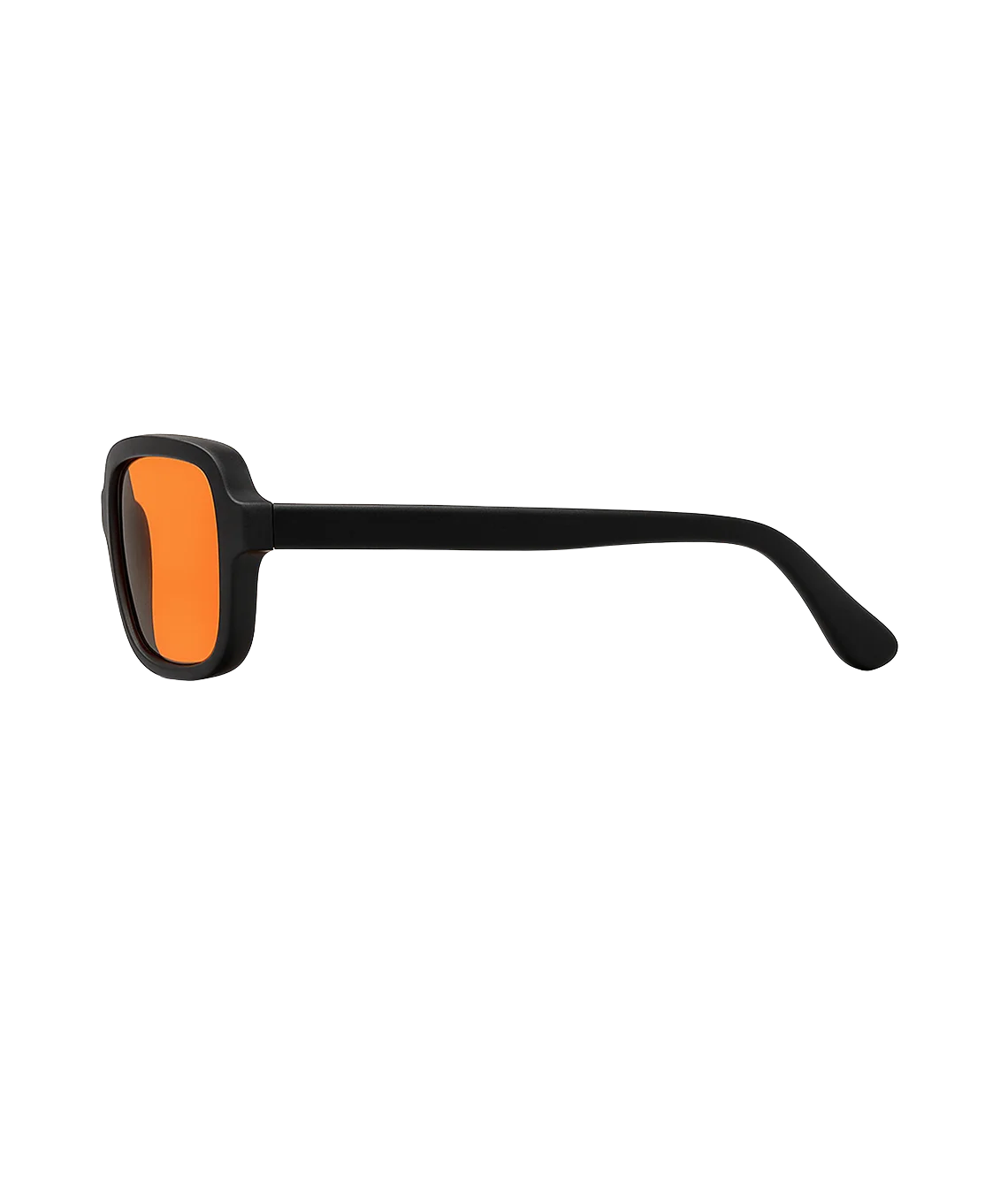 Side profile of a pair of sunglasses with a thick black frame and vibrant orange lenses, shown against a solid white background.
