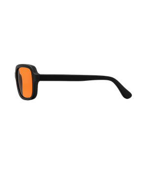 Side profile of a pair of sunglasses with a thick black frame and vibrant orange lenses, shown against a solid white background.