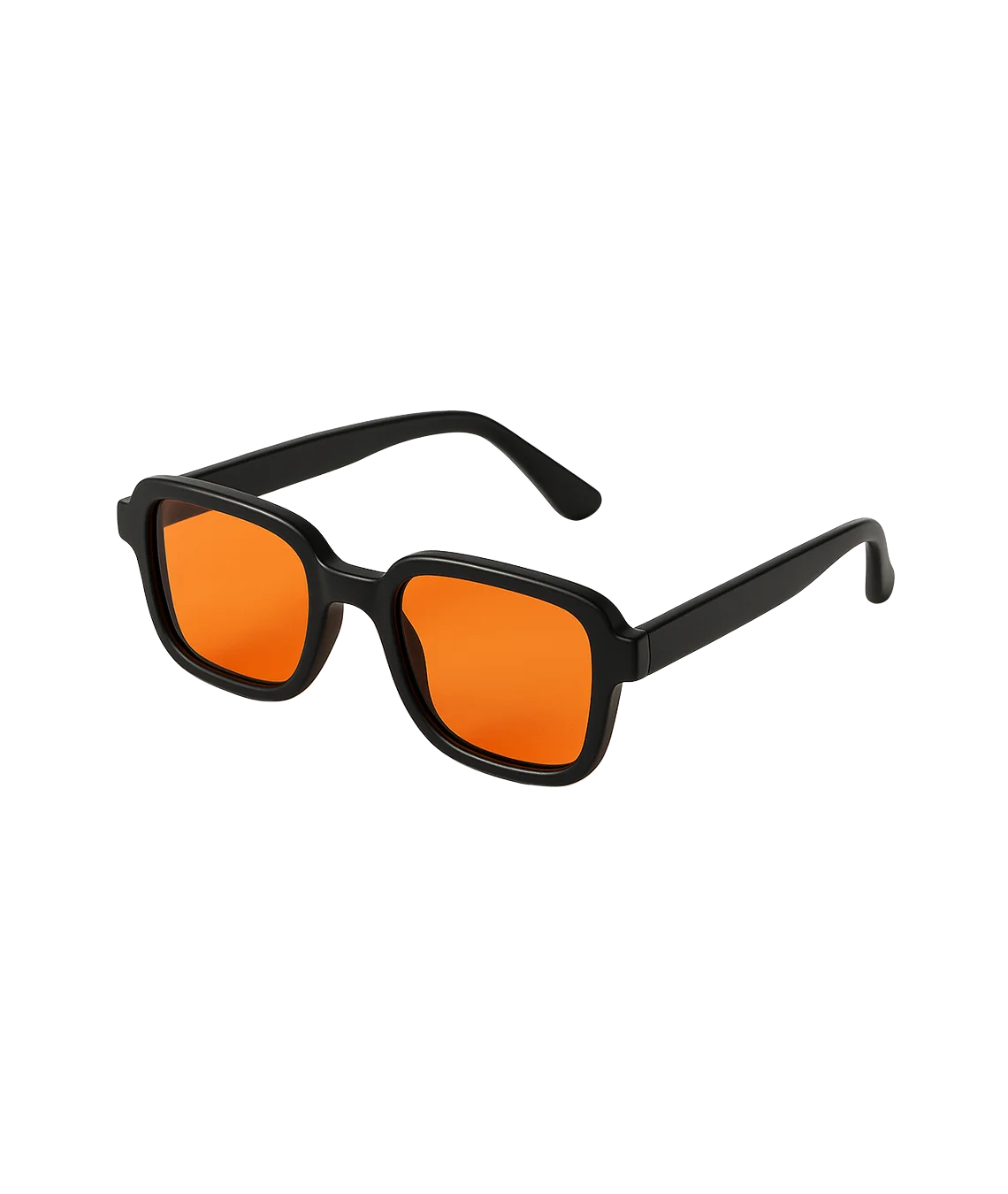 Black square sunglasses with vibrant orange lenses, shown at a three-quarter angle on a solid white background.