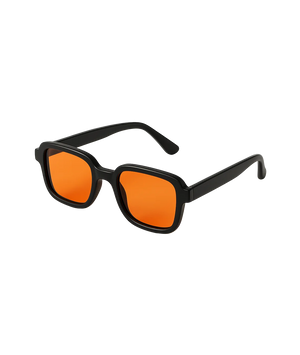 Black square sunglasses with vibrant orange lenses, shown at a three-quarter angle on a solid white background.