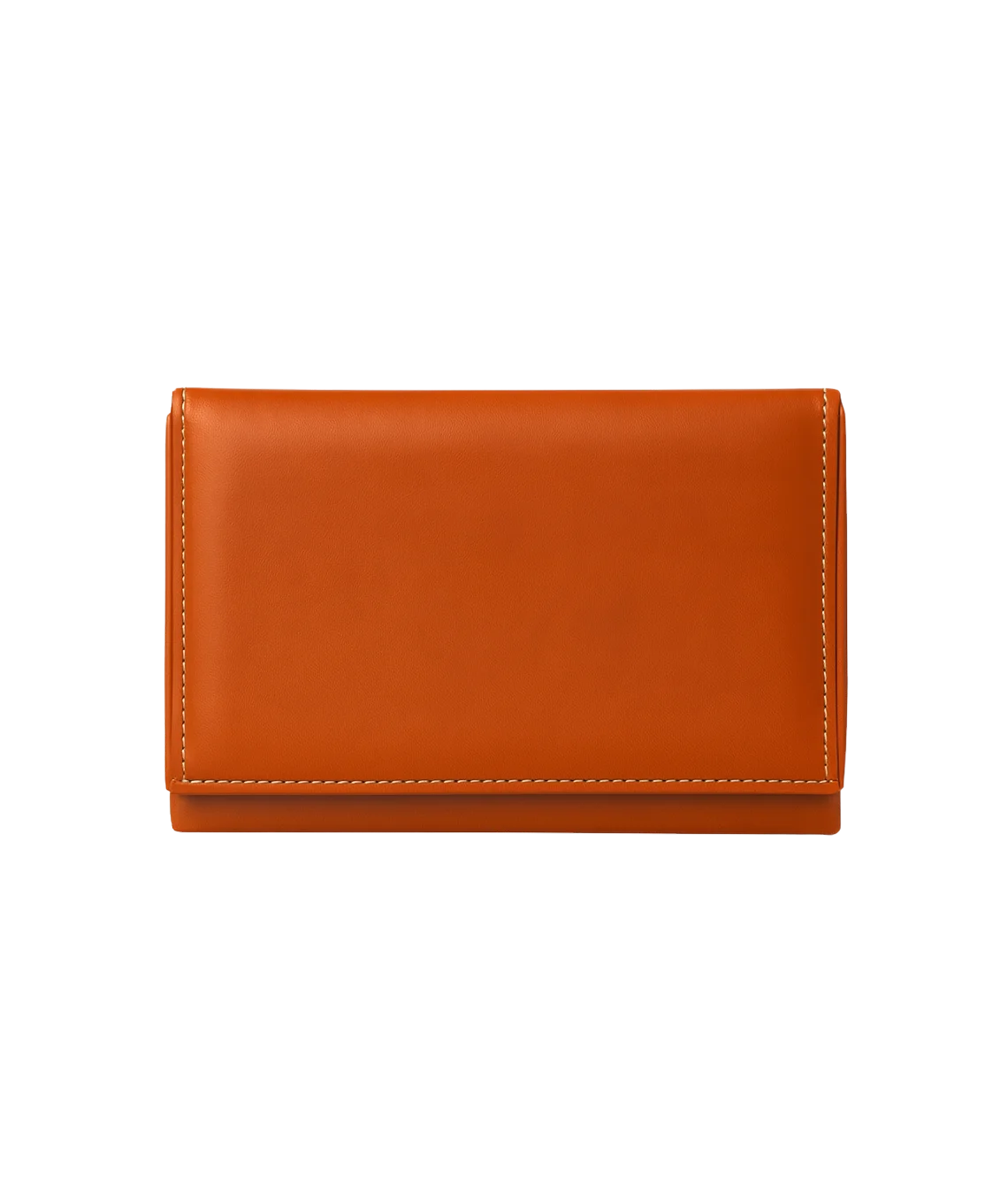 A slim, rectangular leather wallet in a warm cognac orange-brown color, shown from the back on a clean white background.