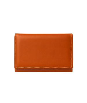 A slim, rectangular leather wallet in a warm cognac orange-brown color, shown from the back on a clean white background.