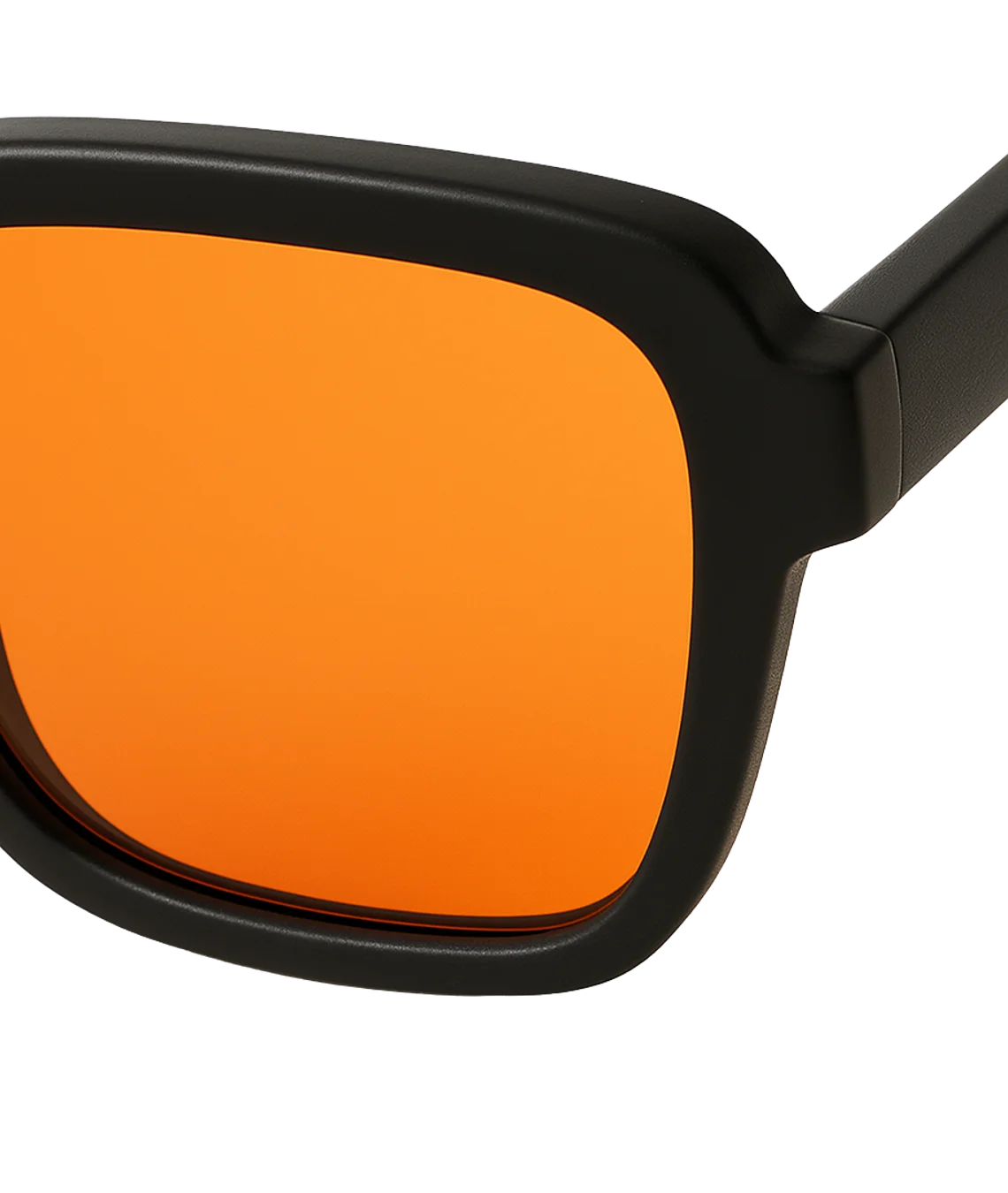 Close-up of oversized square sunglasses with a matte black frame and a vibrant orange mirrored lens, shown against a solid white background.