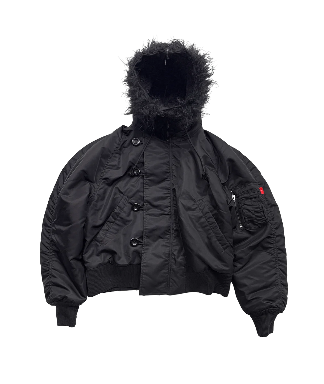 Black jacket with fur hood on a white background