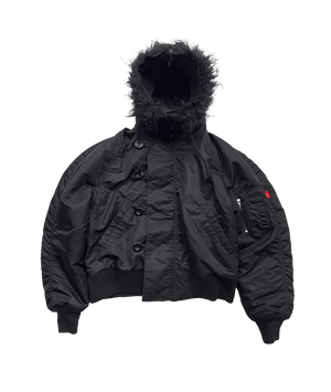 Black jacket with fur hood on a white background