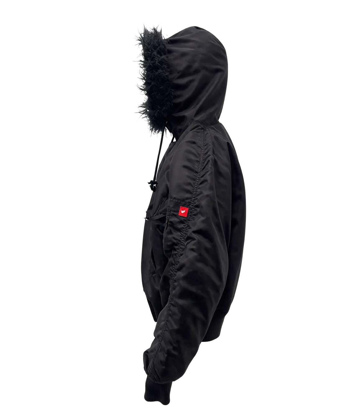 Black hooded jacket with fur trim on a white background