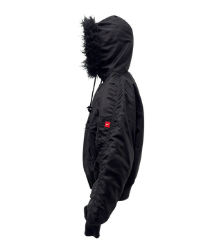 Black hooded jacket with fur trim on a white background