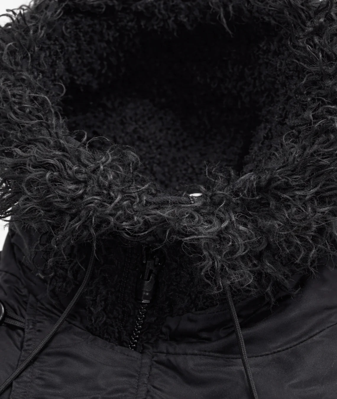 Close-up of a black hood with textured fur lining