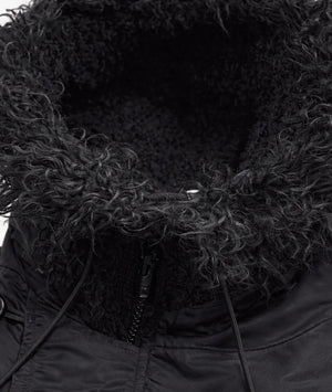 Close-up of a black hood with textured fur lining