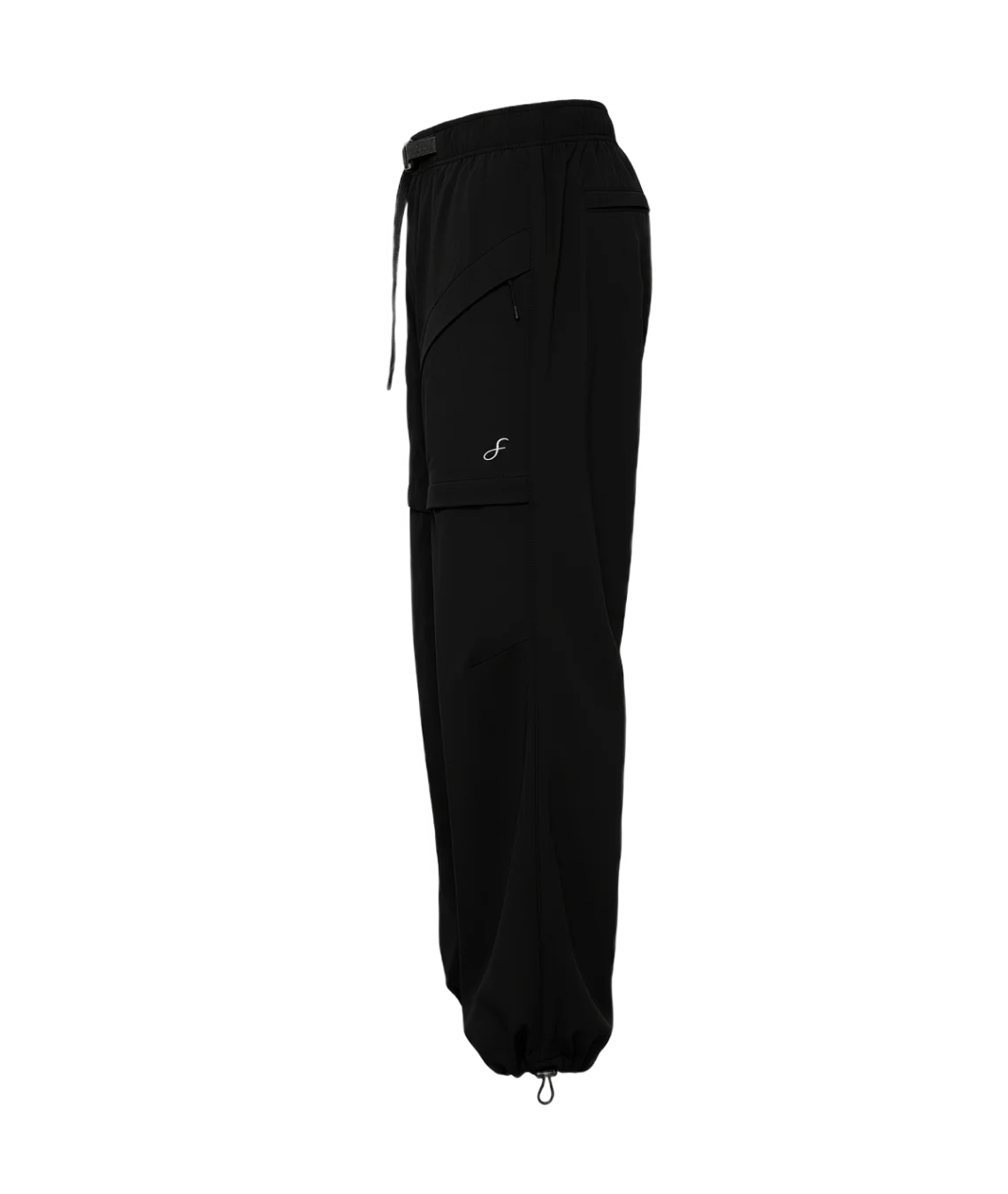 Black pants with a small logo on a white background