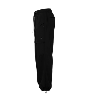 Black pants with a small logo on a white background