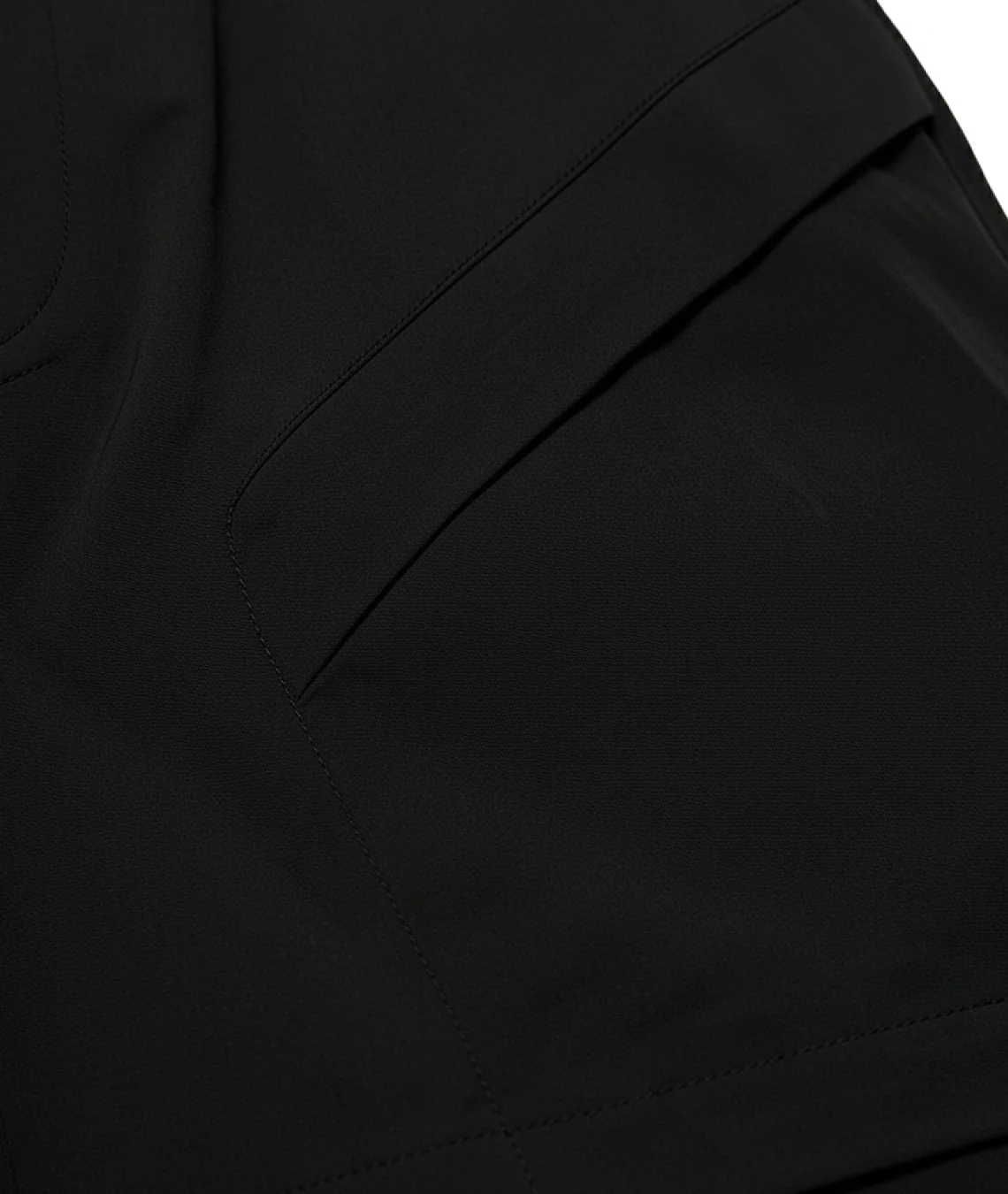 Close-up of black pants with a pocket detail