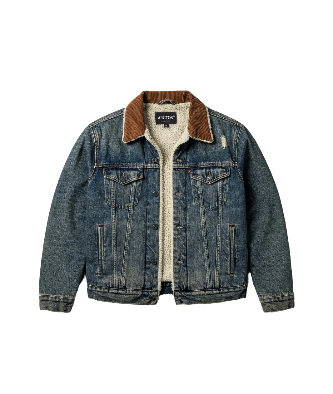 Denim jacket with brown collar and white lining on a white background