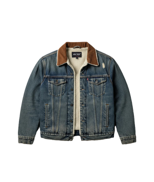 Denim jacket with brown collar and white lining on a white background