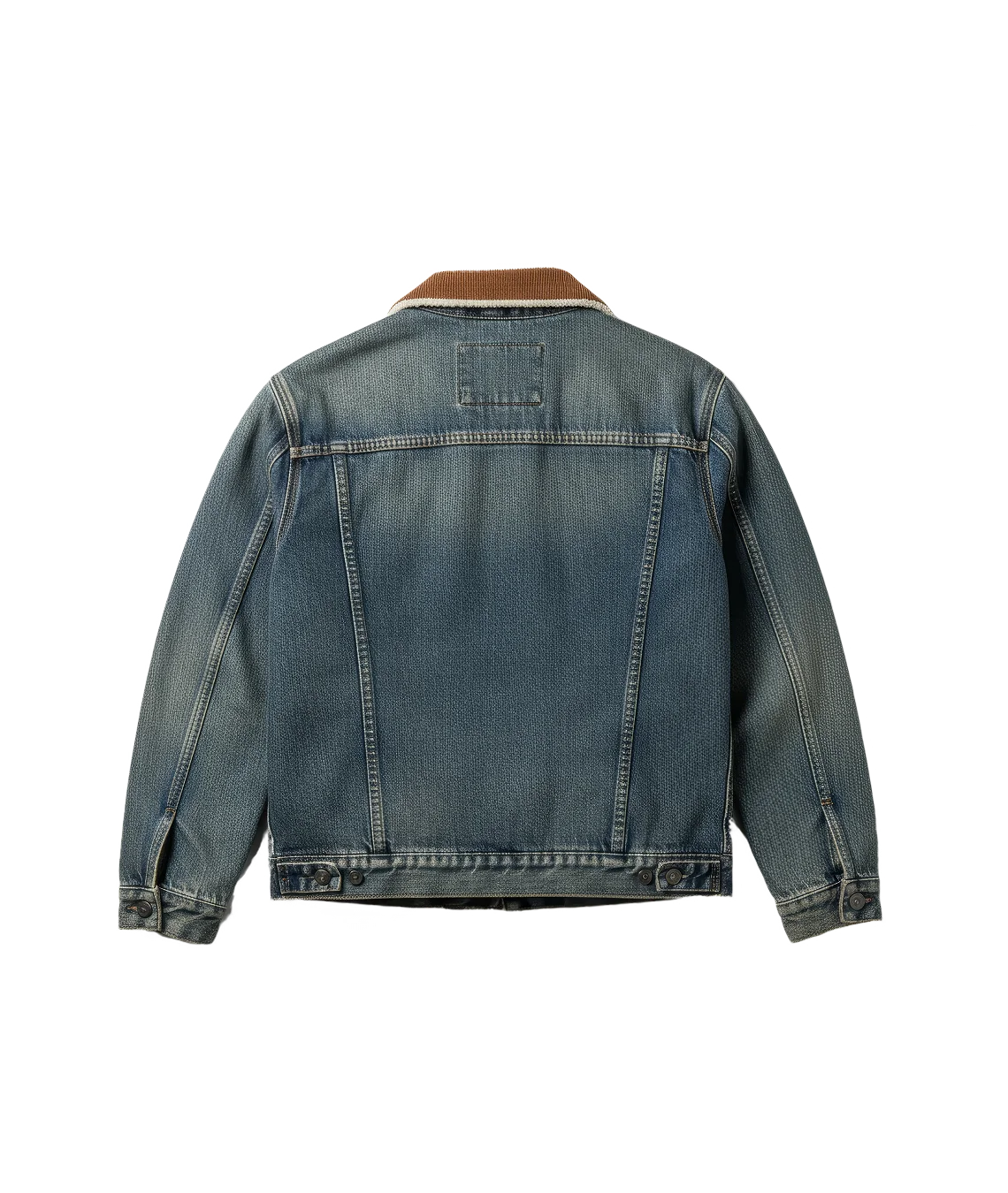 Blue denim jacket with brown collar on a white background