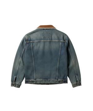 Blue denim jacket with brown collar on a white background