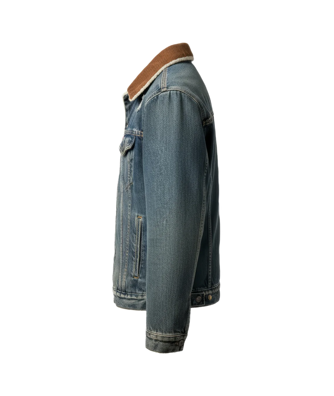 Blue denim jacket with brown collar on a white background