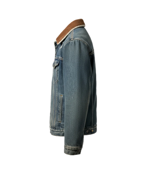 Blue denim jacket with brown collar on a white background