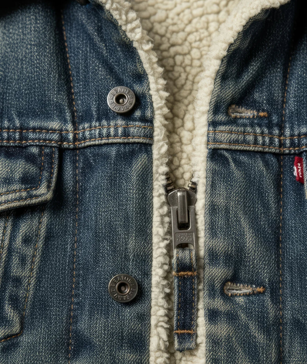Close-up of a denim jacket with sherpa lining, buttons, and zipper.