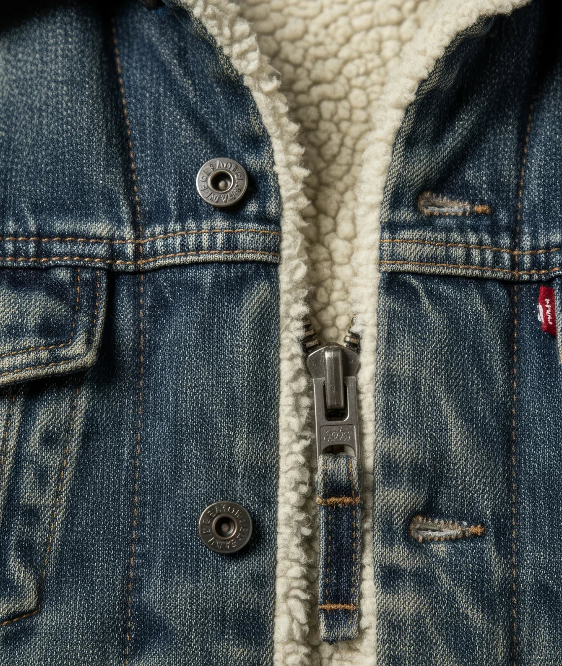 Close-up of a denim jacket with sherpa lining, buttons, and zipper.