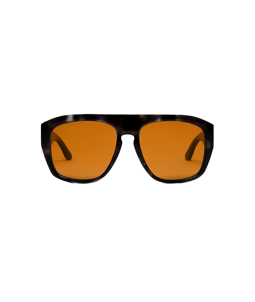 A pair of oversized square sunglasses with a glossy black tortoiseshell frame and vibrant amber-orange lenses, shown against a plain white background.