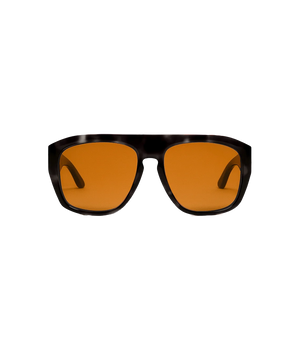 A pair of oversized square sunglasses with a glossy black tortoiseshell frame and vibrant amber-orange lenses, shown against a plain white background.