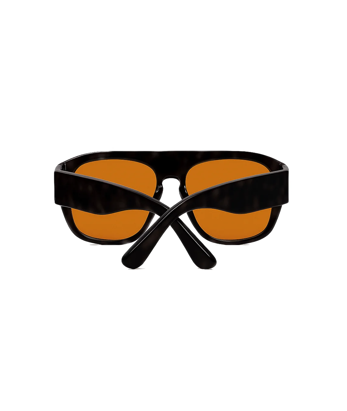 A pair of oversized square sunglasses with a glossy black tortoiseshell frame and vibrant orange lenses, shown against a plain white background.
