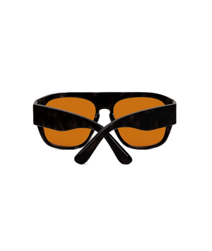 A pair of oversized square sunglasses with a glossy black tortoiseshell frame and vibrant orange lenses, shown against a plain white background.