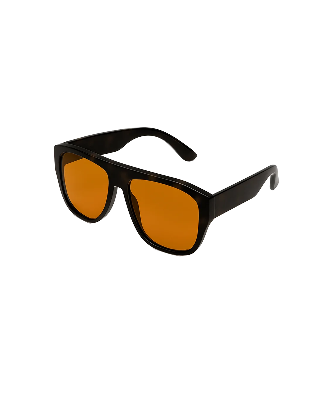 Black aviator-style sunglasses with orange-tinted lenses, shown at a three-quarter angle on a plain white background.