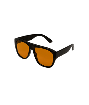 Black aviator-style sunglasses with orange-tinted lenses, shown at a three-quarter angle on a plain white background.