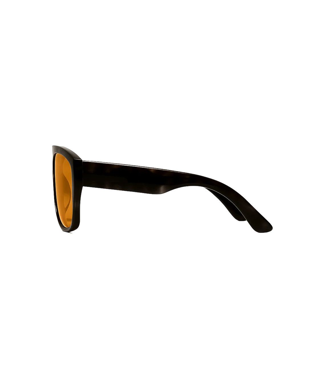 Side profile of square sunglasses with a dark tortoiseshell frame and amber-yellow lenses, shown on a plain white background.
