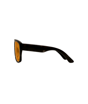 Side profile of square sunglasses with a dark tortoiseshell frame and amber-yellow lenses, shown on a plain white background.