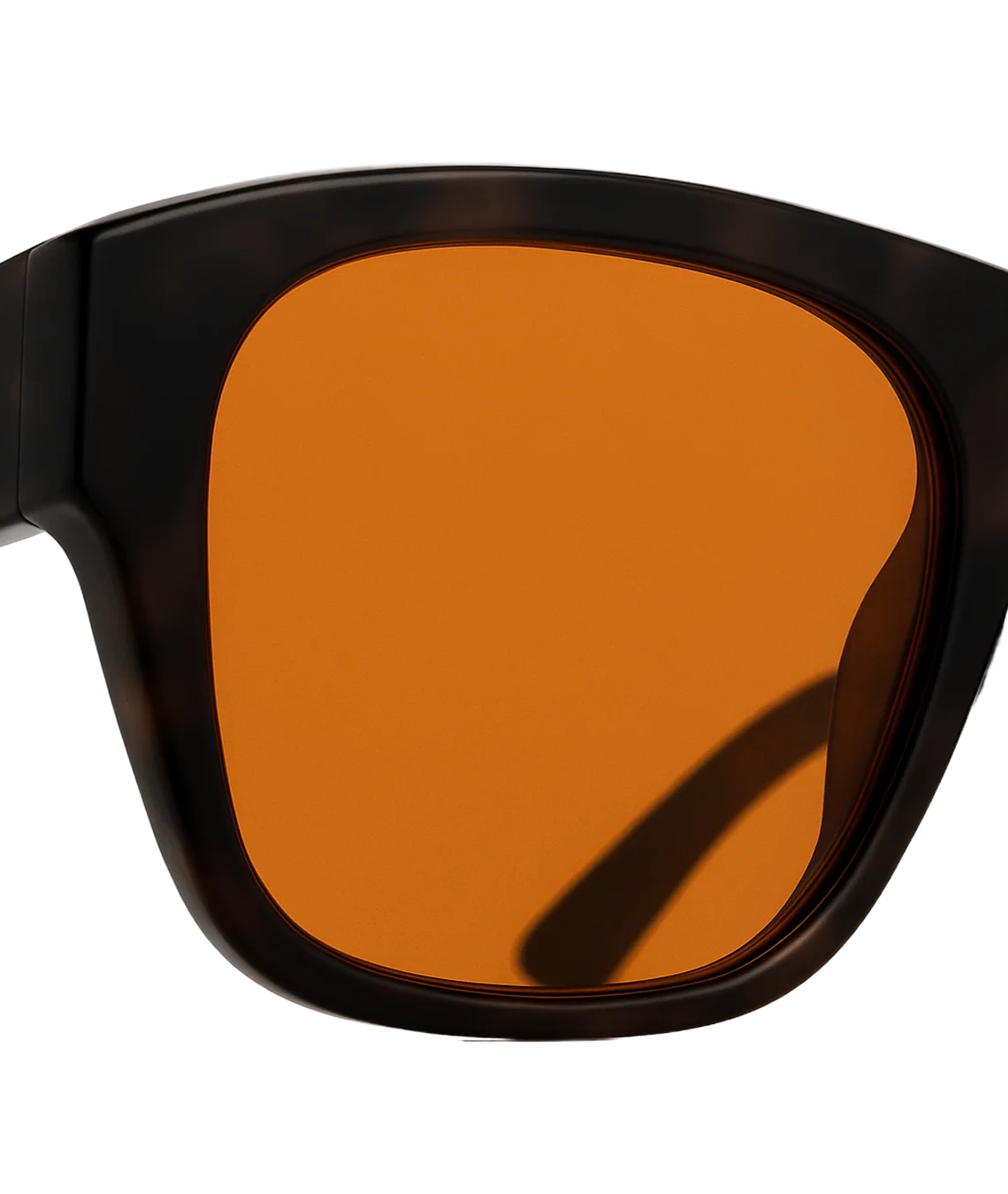 Close-up of oversized square sunglasses with a dark tortoiseshell frame and a warm amber-orange lens, shown against a plain white background.