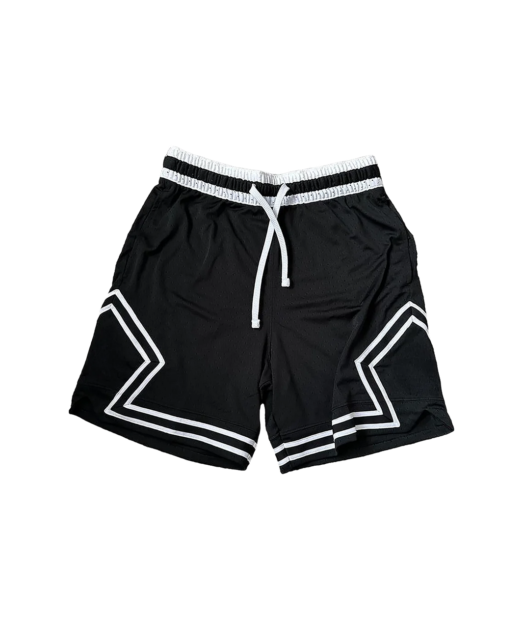 Black shorts with white accents on a white background