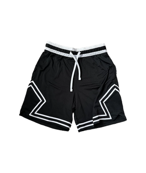 Black shorts with white accents on a white background