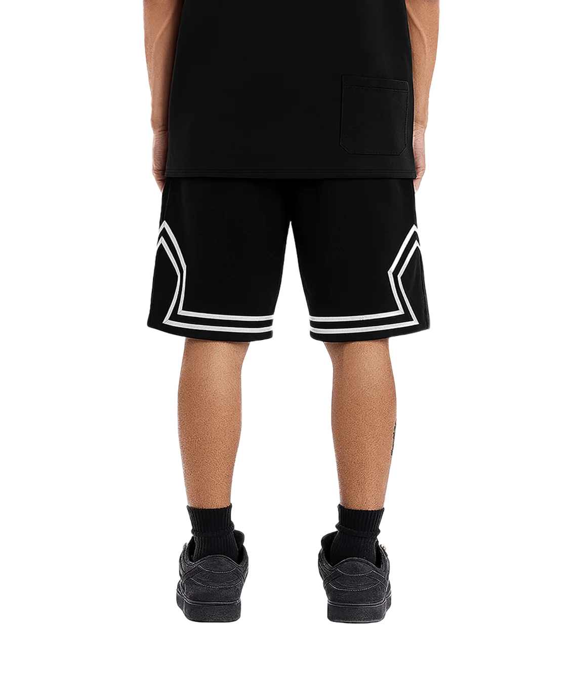 Person wearing black shorts with white trim on a transparent background