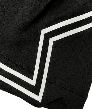 Close-up of a black garment with white stripes on a white background