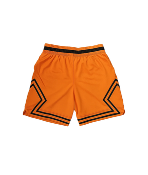 Orange shorts with black geometric patterns on a white background