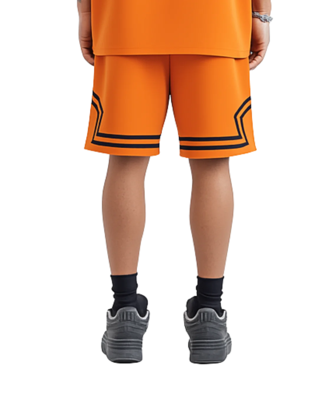 Person wearing orange shorts with black accents on a white background