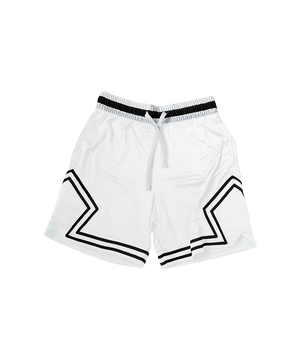 White shorts with black geometric patterns on a white background