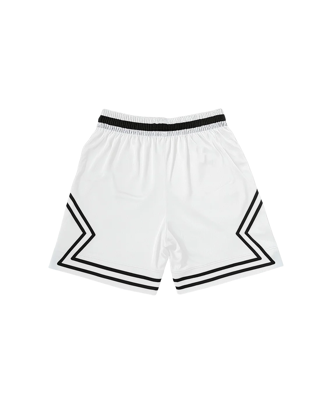 White shorts with black geometric patterns on a white background