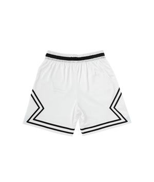 White shorts with black geometric patterns on a white background