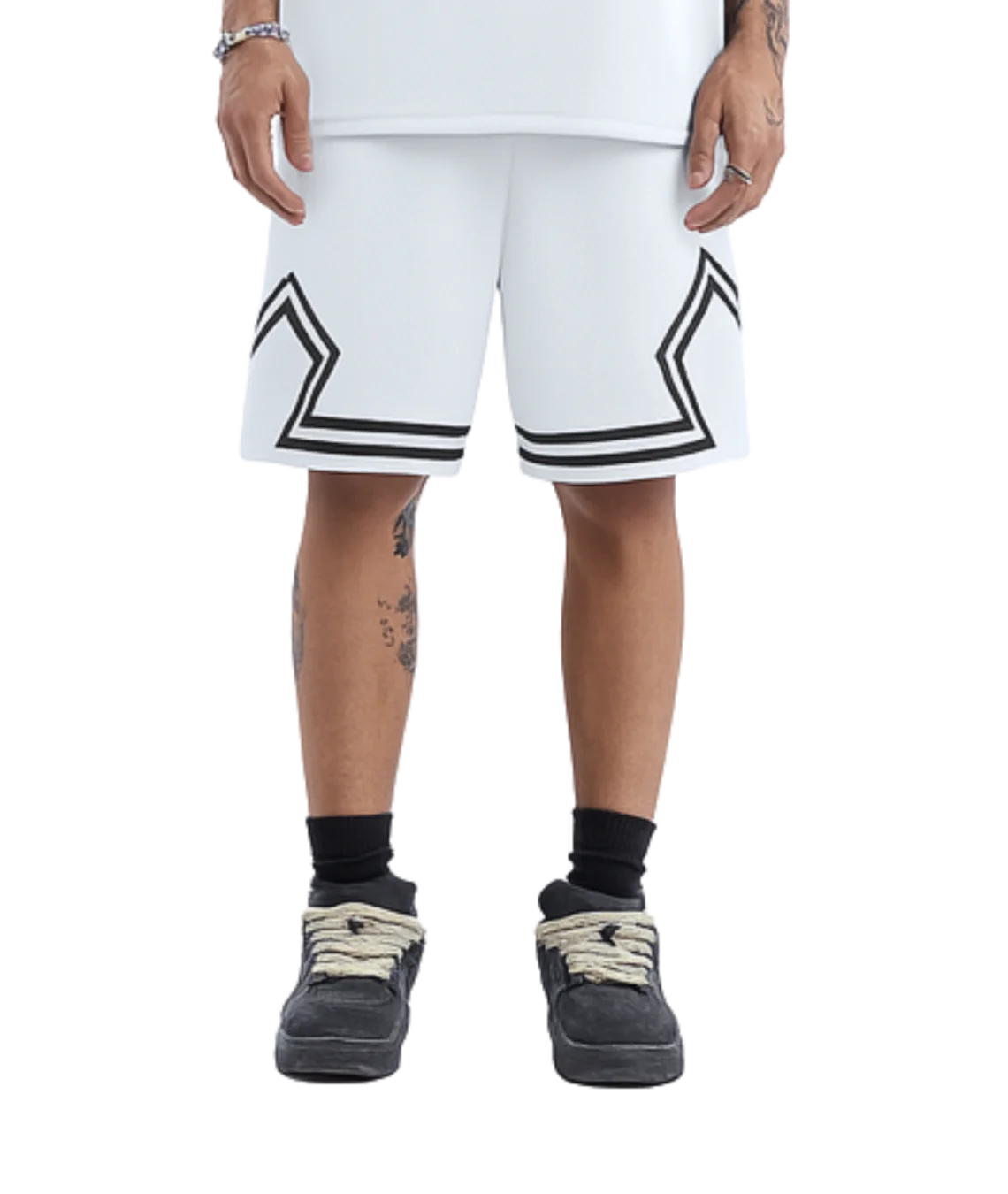 White shorts with black trim worn by a person on a white background
