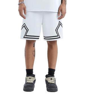 White shorts with black trim worn by a person on a white background