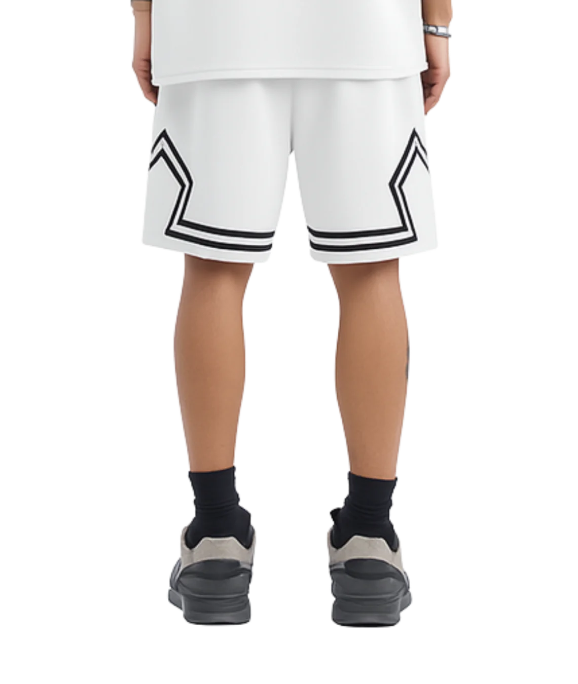 White shorts with black accents worn by a person on a white background