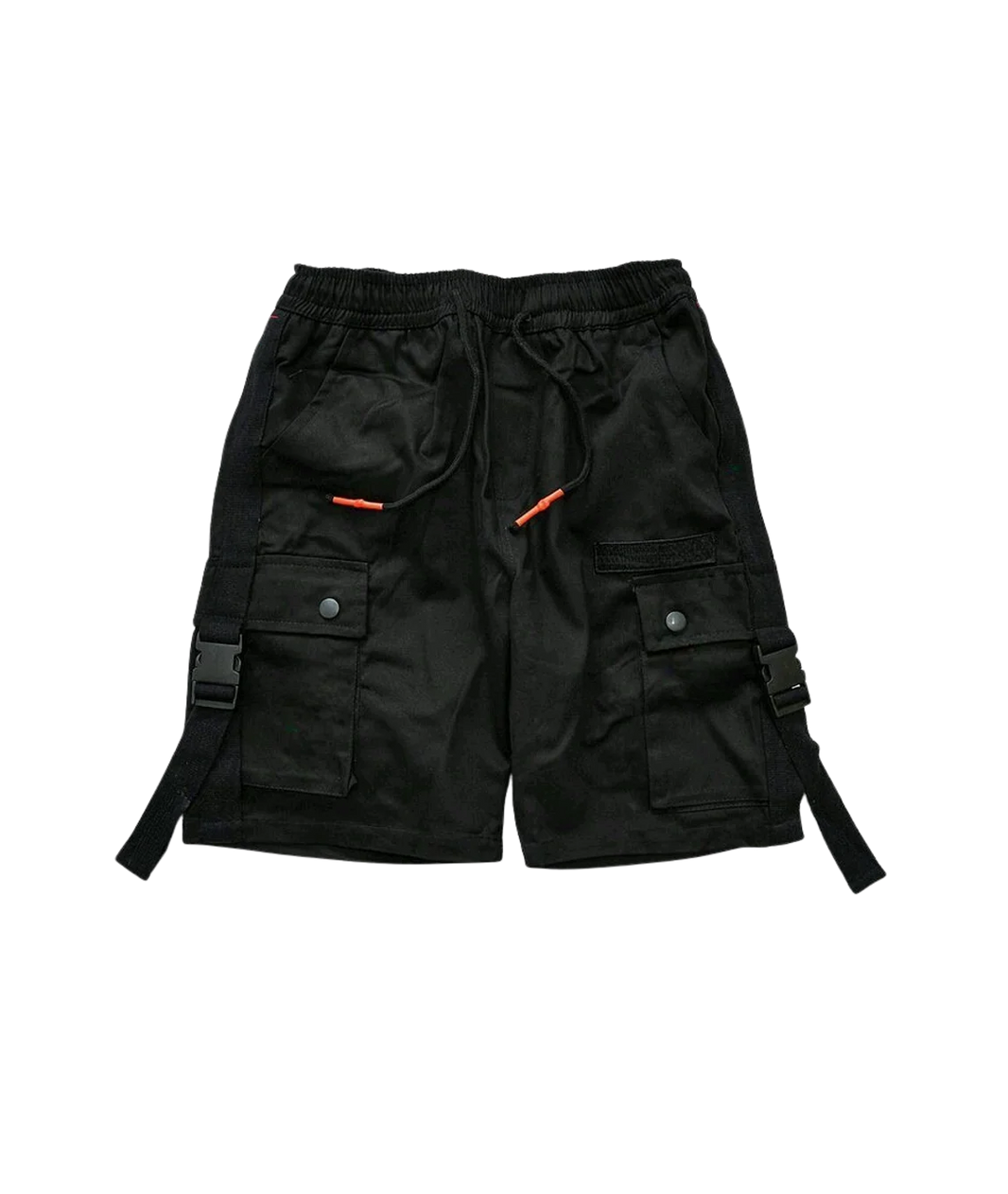 Black cargo shorts with orange accents on a white background