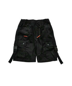 Black cargo shorts with orange accents on a white background